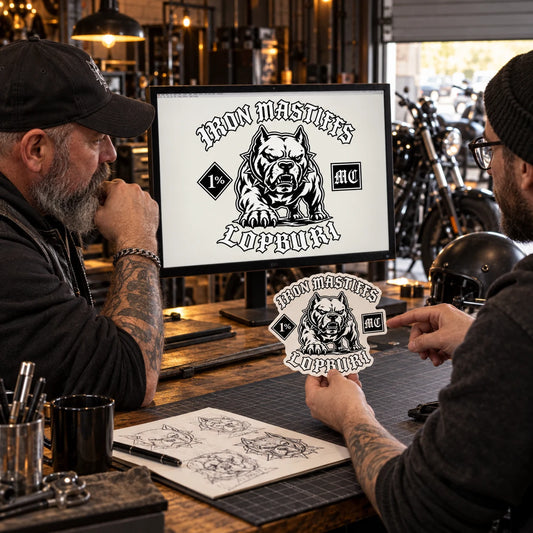 Club officer reviewing a custom motorcycle club logo sticker proof and finished die-cut sticker at a design desk.