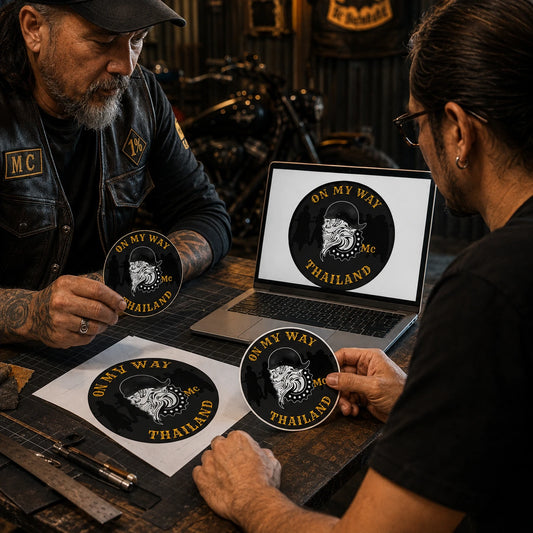 Club officer reviewing a custom motorcycle club logo sticker proof and finished die-cut sticker at a design desk.