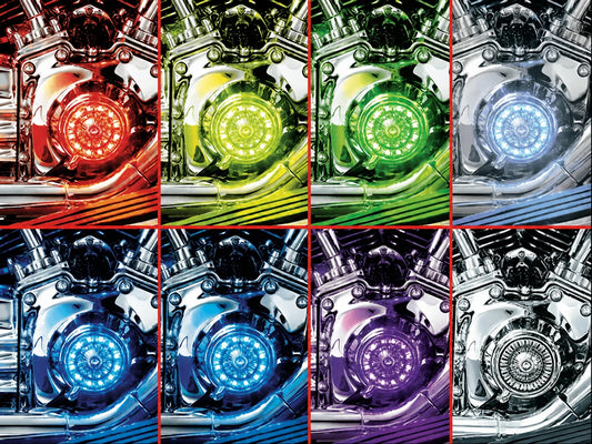 Motorcycle engine LED accent lighting shown in multiple colors
