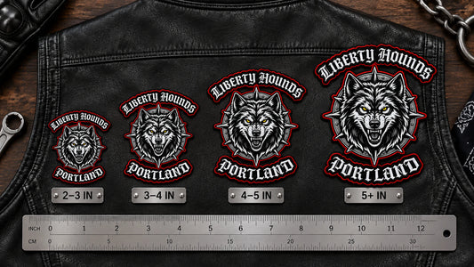 Custom motorcycle club event patch featuring the liberty hounds portland logo for 2–3, 3–4, 4–5 and 5+ inch comparison.