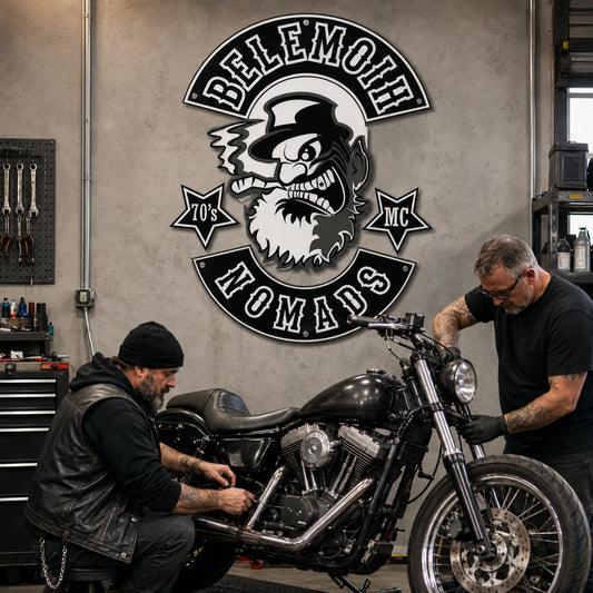 Motorcycle club metal sign mounted in a workshop where members maintain a V-Twin motorcycle.