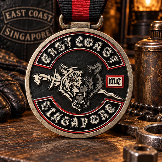 Solid wheel-and-piston-inspired medal outline without cut-outs. Custom motorcycle club medal.