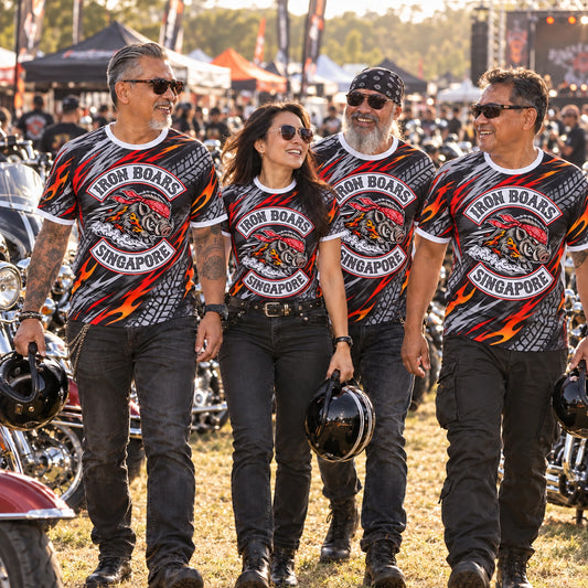 Iron Boars Singapore motorcycle club members wearing full-coverage performance shirts at a motorcycle rally.