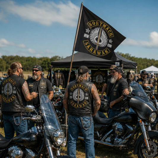 A motorcycle club rally crew displays a custom diamond flag beside parked American V-twin touring motorcycles.