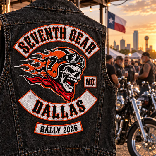 Custom motorcycle club event patch featuring the seventh gear dallas logo for regional rally gathering.