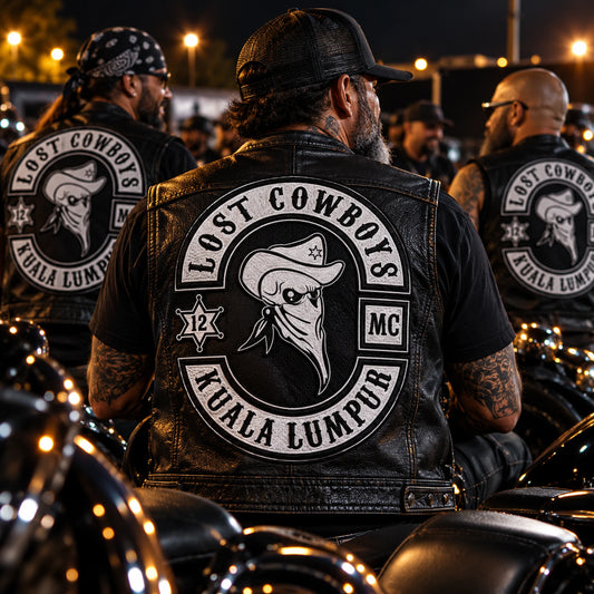 Solid rally patches displayed on riders cuts shown for a custom motorcycle club patch system in night rally parking lot.