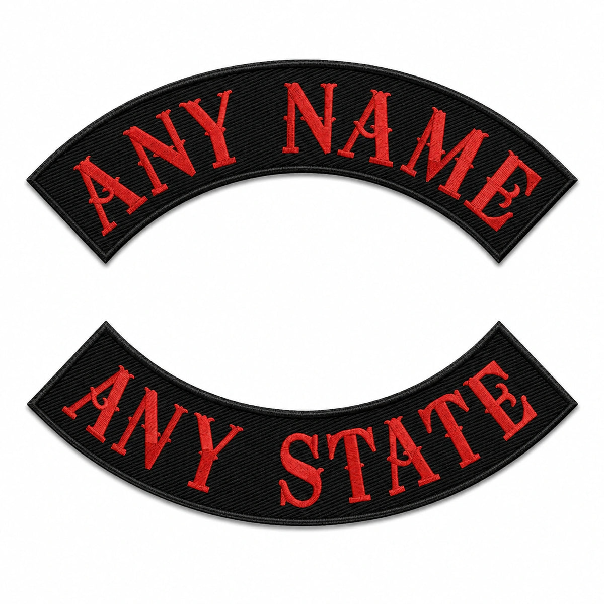 Black custom top and bottom motorcycle rocker patches with red embroidered lettering.