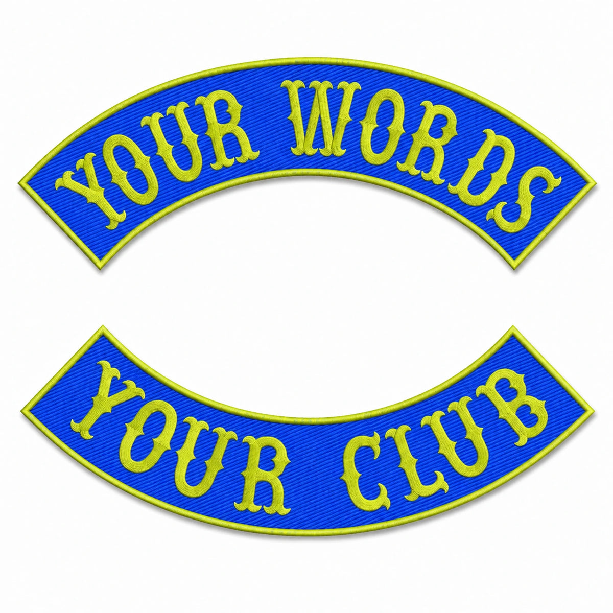 Blue custom top and bottom motorcycle rocker patches with acid-lime embroidered lettering and borders.