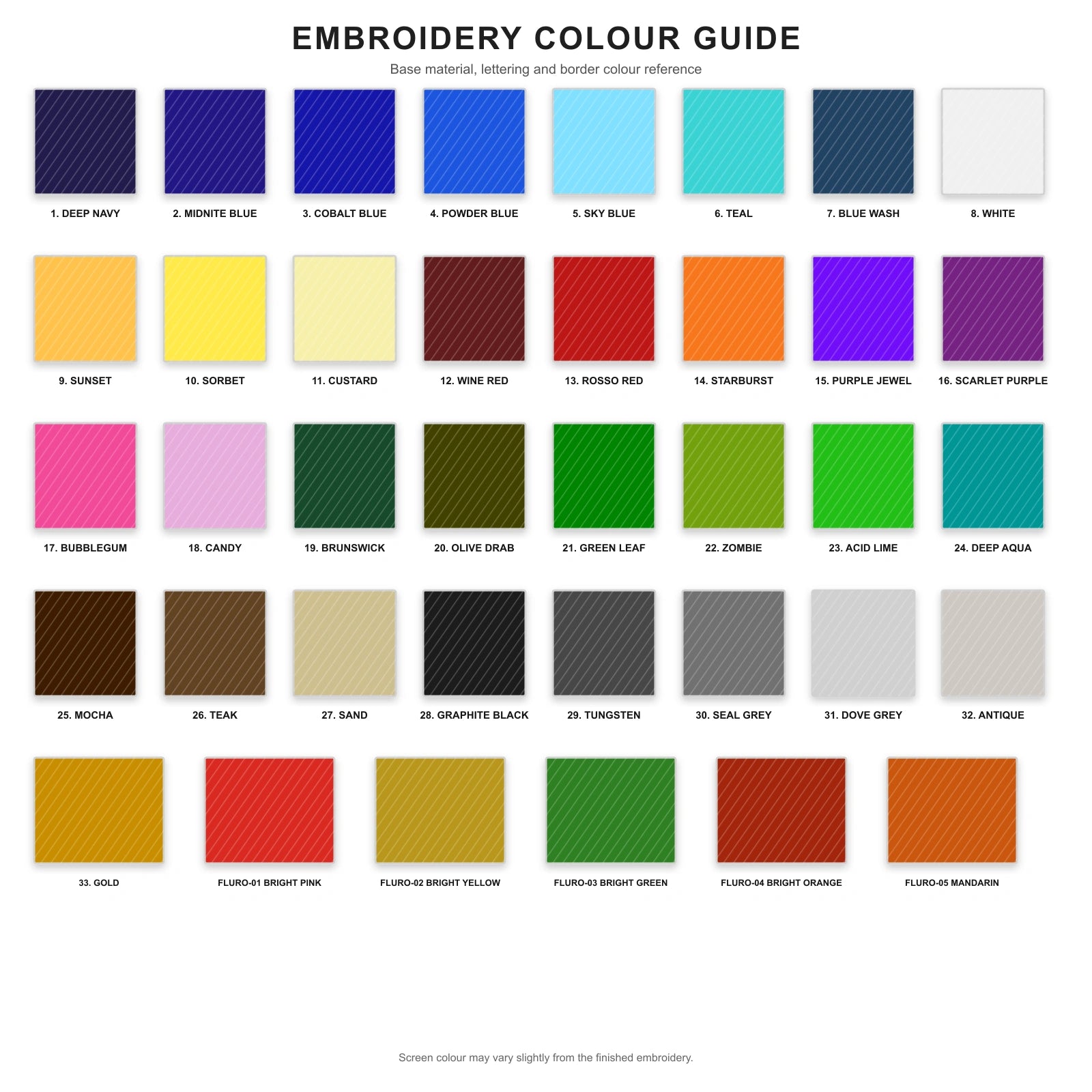 Motorcycle rocker patch embroidery colour guide for selecting base material, lettering and border colours.