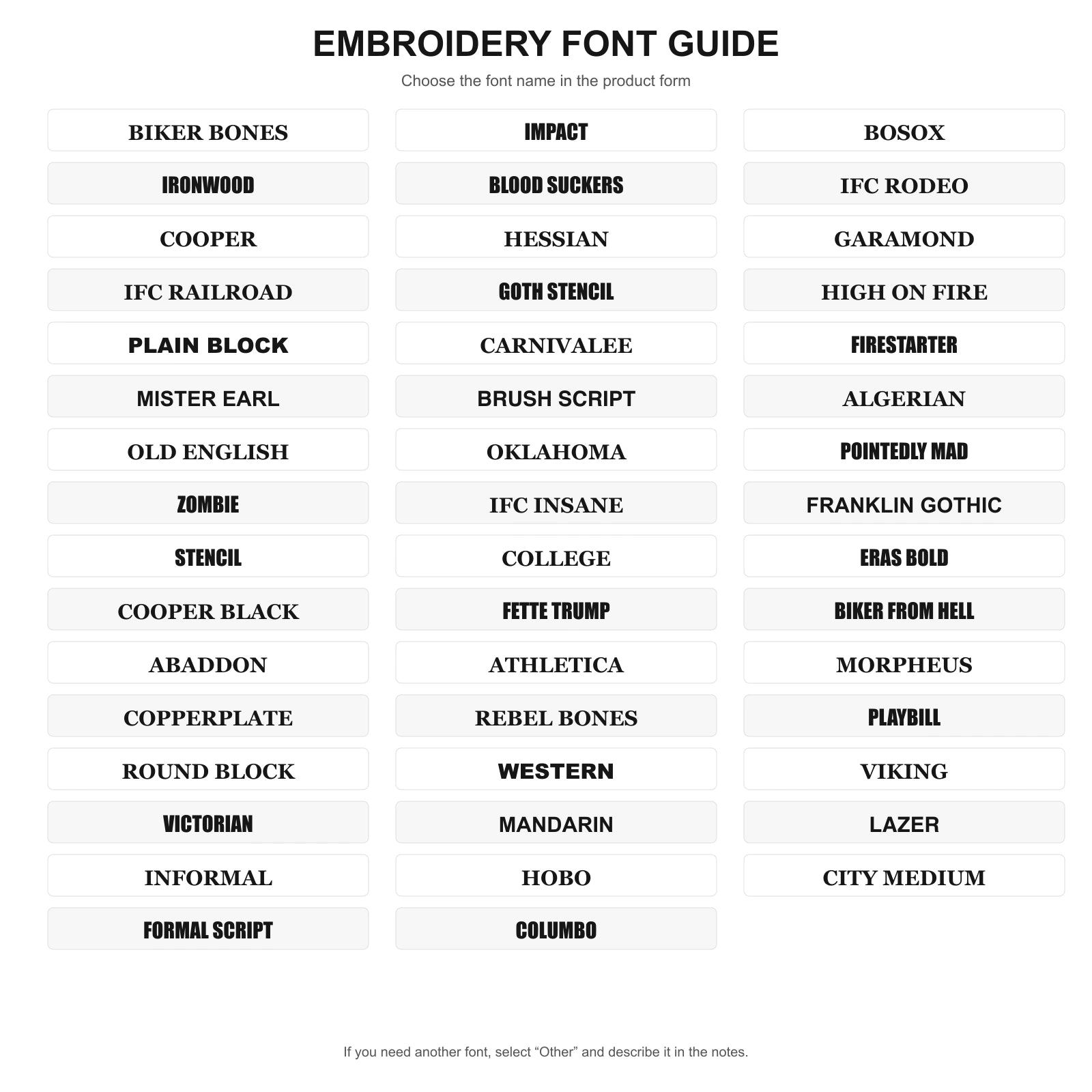 Motorcycle rocker patch font guide showing the lettering style names available in the customization form.