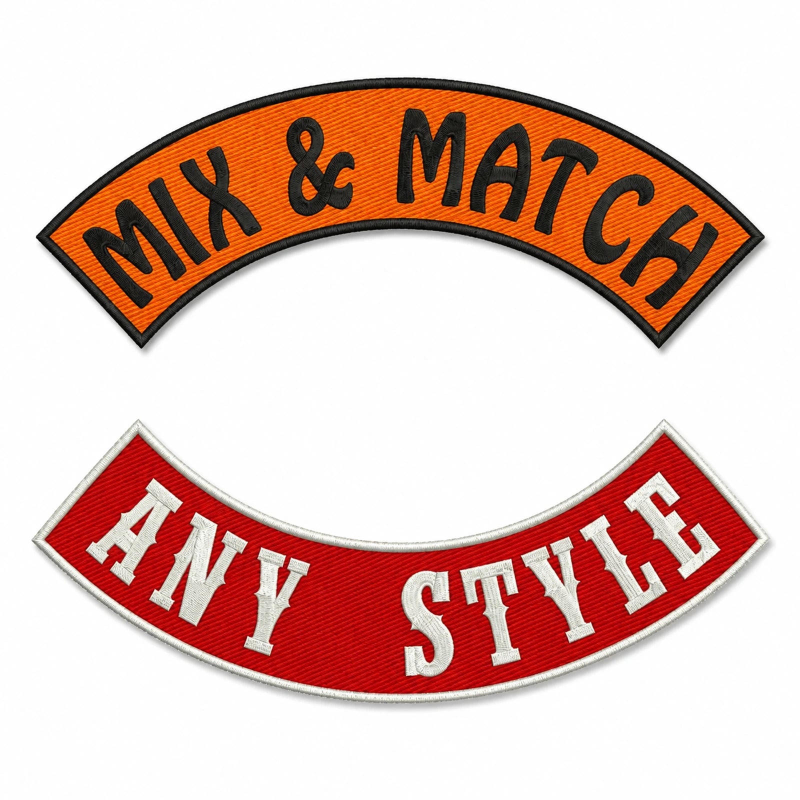 Orange and red custom motorcycle rocker patches showing contrasting embroidered lettering and borders.