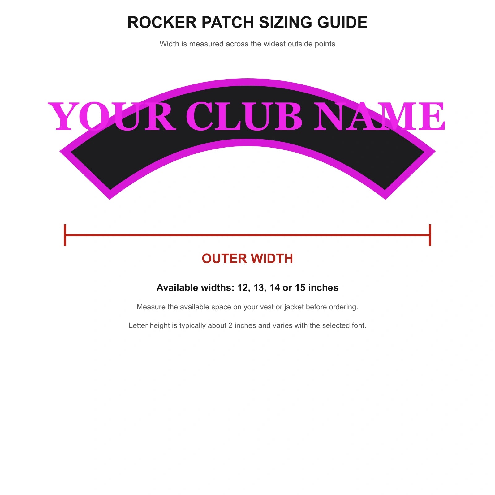 Motorcycle rocker patch sizing guide showing how to measure the outer width before ordering.