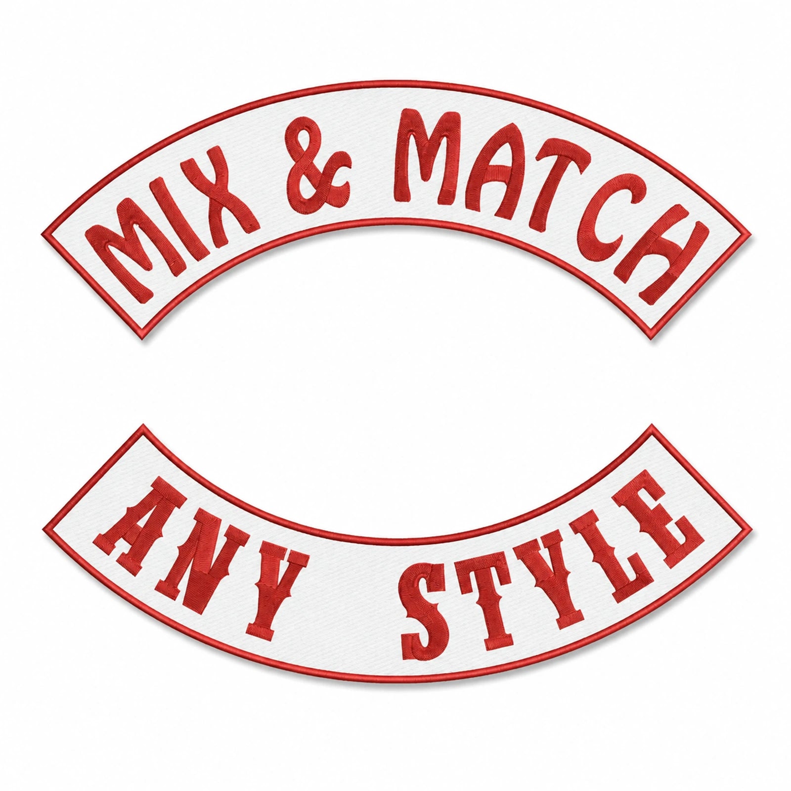 White custom top and bottom motorcycle rocker patches with red embroidered lettering and borders.
