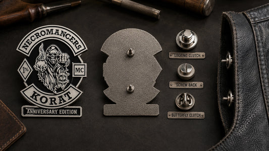 Necromancers motorcycle club Anniversary Edition badge with a matching two-post back and three secure vest attachment options.