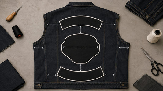 Motorcycle vest sizing guide showing blank custom rocker patches, seam clearance, and center-patch spacing.