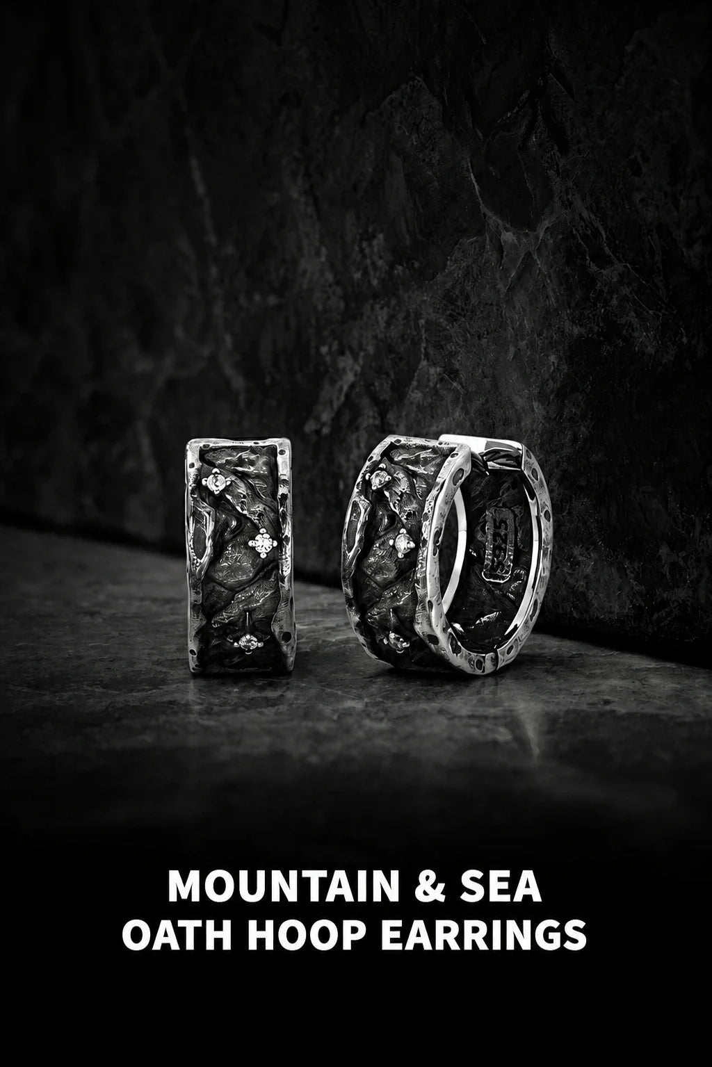 Sterling Silver Mountain and Sea Oath Hoop Earrings - product feature