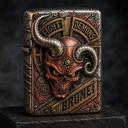 Multi-metal silver brass red copper and gold-plated motorcycle club lighter with authorized emblem