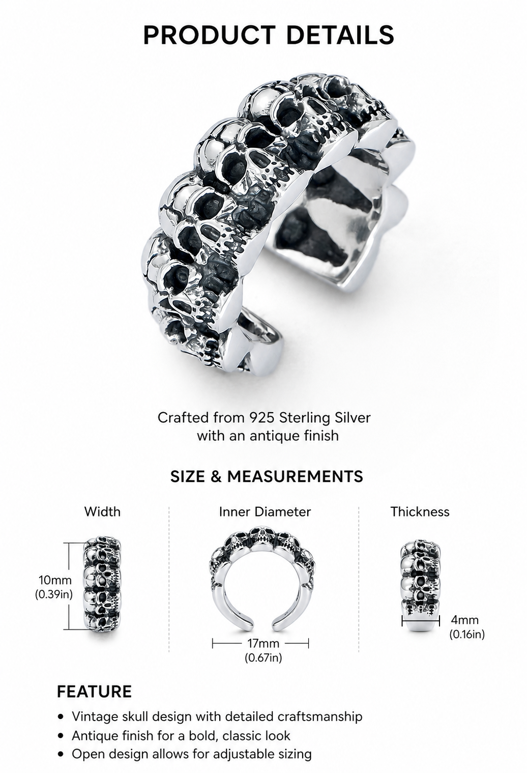 Multi-Skull Sterling Silver Biker Ring - English product detail 7