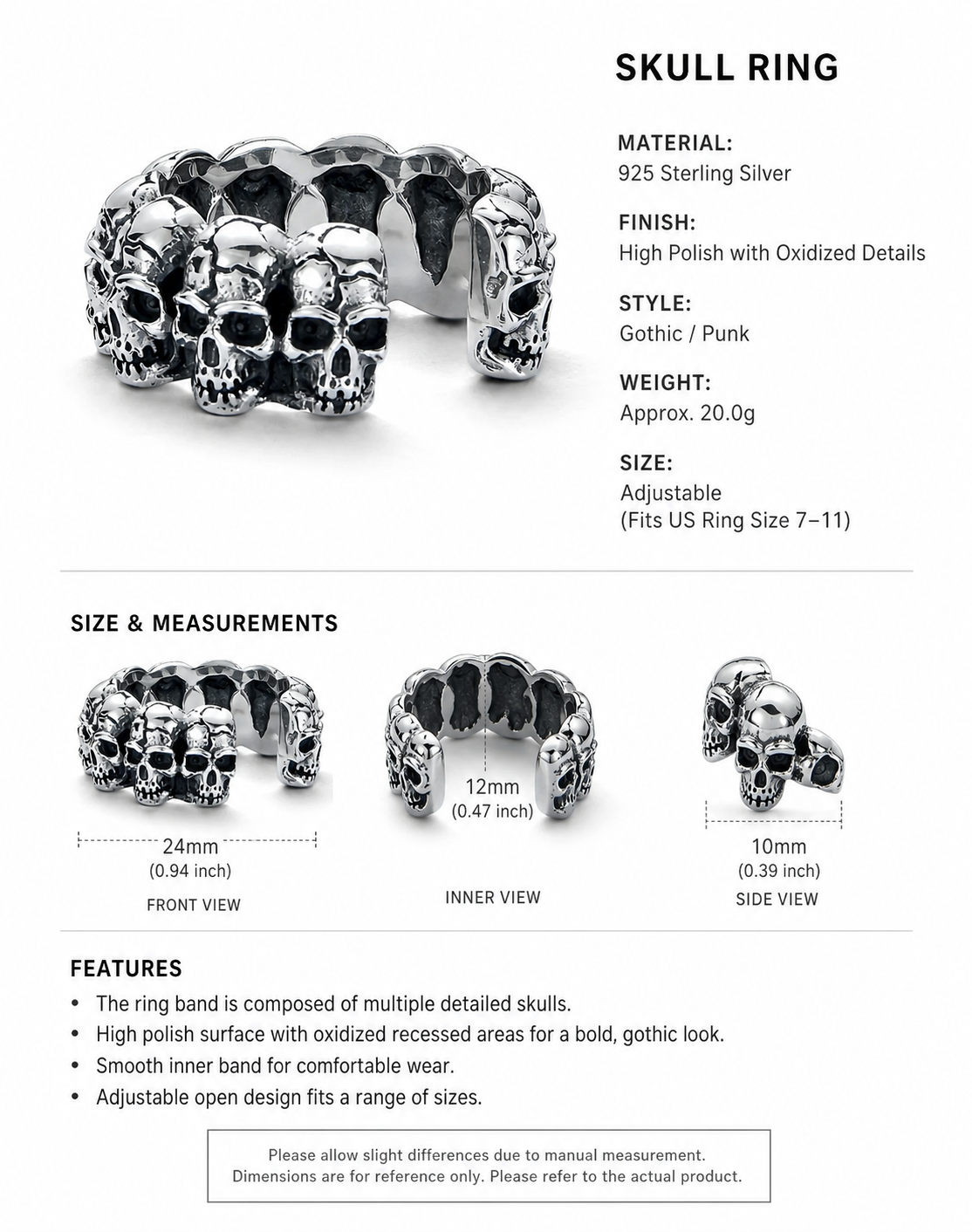 Multi-Skull Sterling Silver Biker Ring - English product detail 8