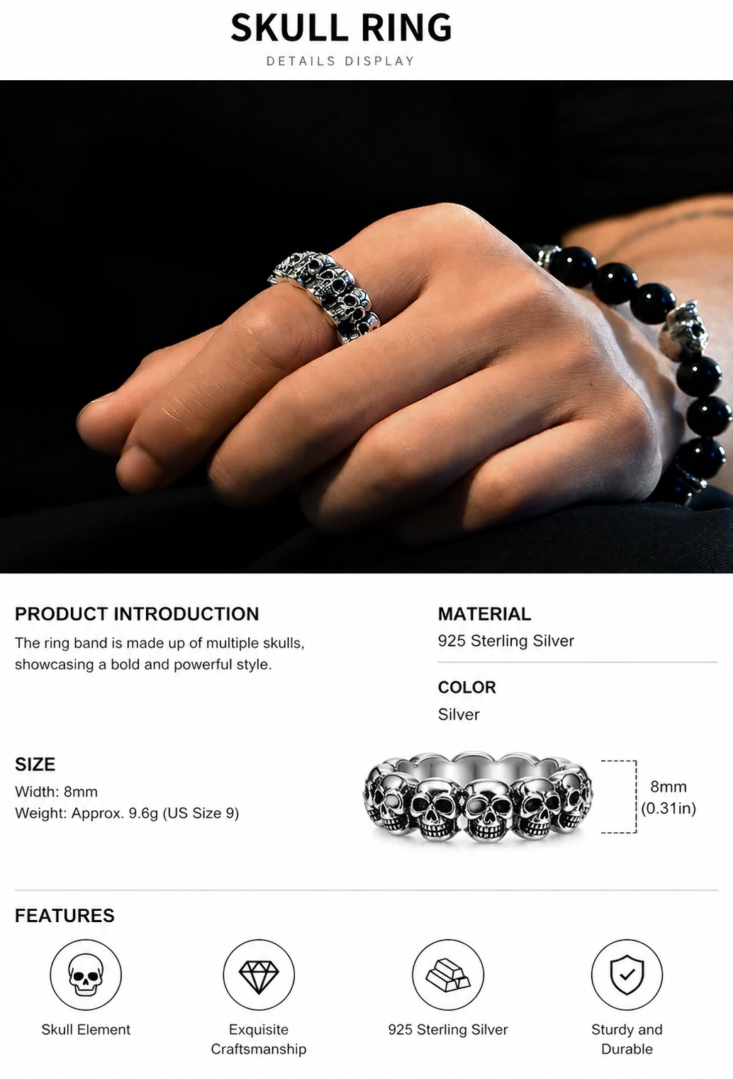 Multi-Skull Sterling Silver Biker Ring - English product detail 9