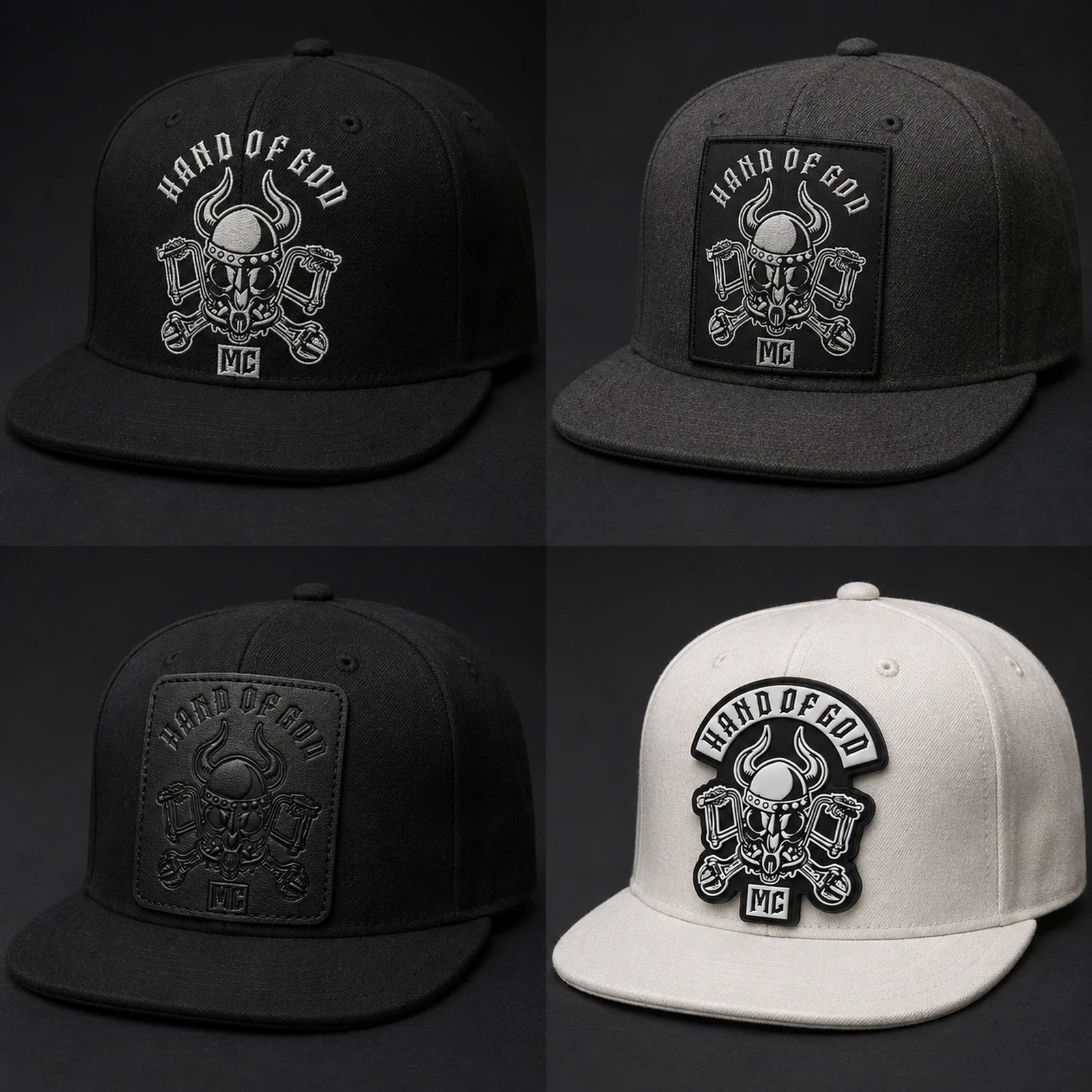 A motorcycle club flat-brim cap lineup compares embroidery, woven, leather, and PVC decoration options.
