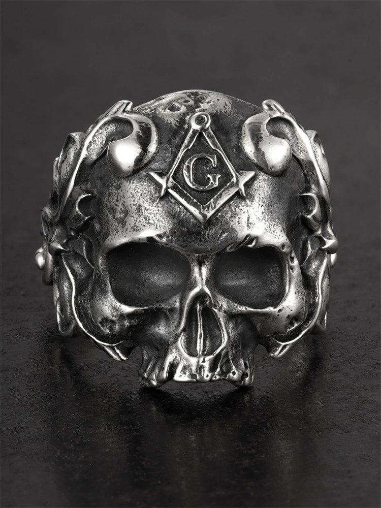 Mystic Square Compass Skull 925 Sterling Silver Biker Ring product view 1