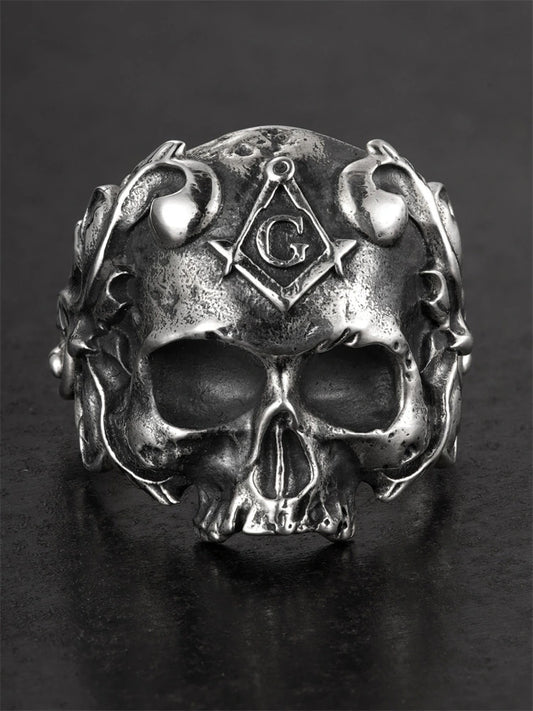 Mystic Square Compass Skull 925 Sterling Silver Biker Ring product view 1