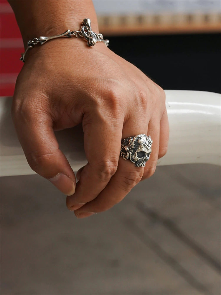 Mystic Square Compass Skull 925 Sterling Silver Biker Ring product view 4