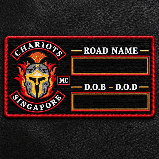 Rectangular motorcycle memorial name-bar patch with road-name and date areas.