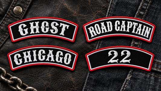 Close-up of a coordinated family of name-bar patches only, with different wording but visibly matched thread palette, background, border weight, lettering style and craftsmanship, showing custom motorcycle club name bar patch options.