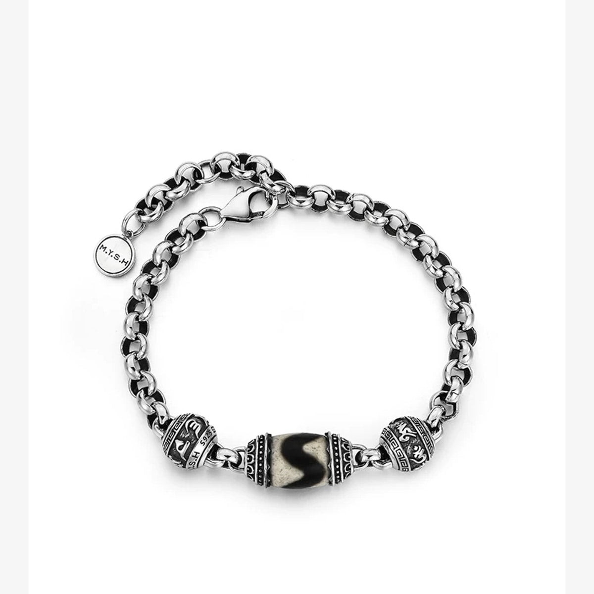 Natural Agate Dzi Bead Sterling Silver Bracelet – product view