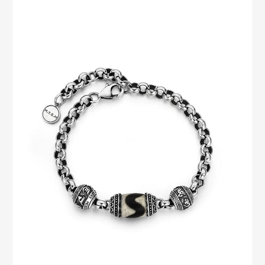 Natural Agate Dzi Bead Sterling Silver Bracelet – product view