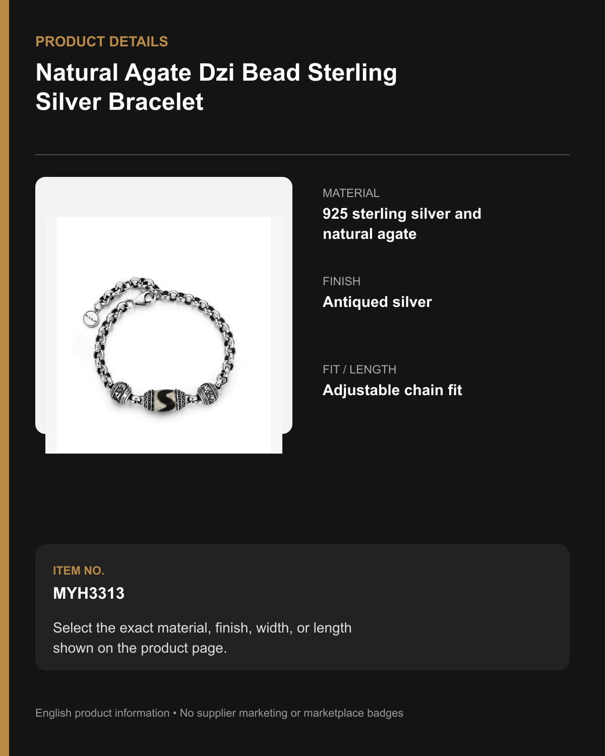 Natural Agate Dzi Bead Sterling Silver Bracelet – English product details