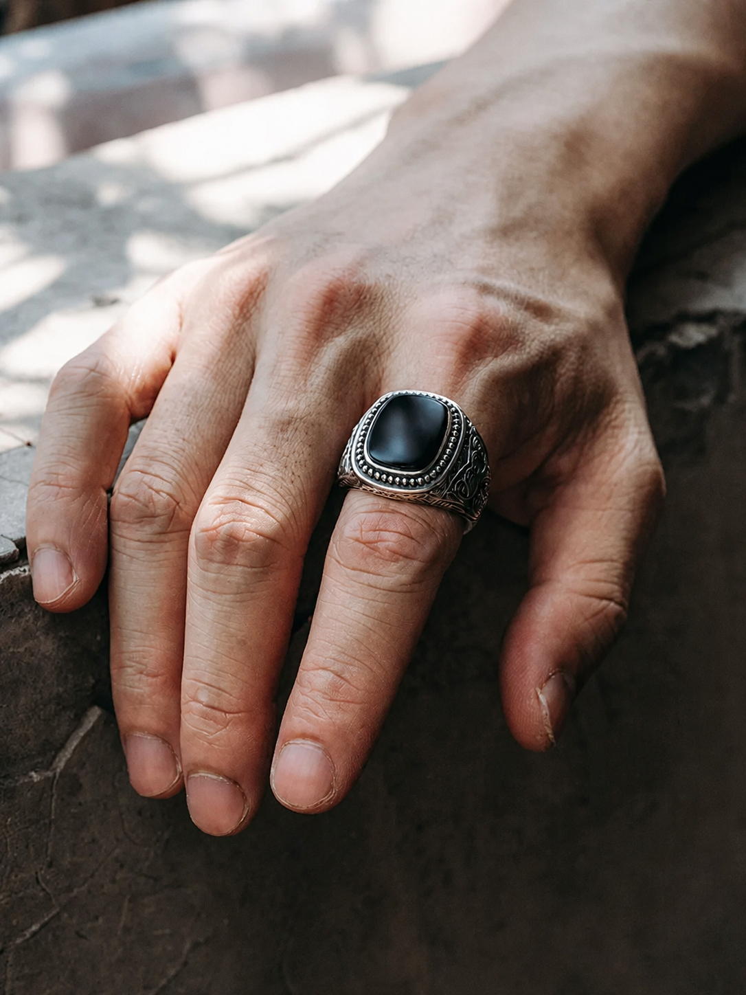 Natural Black Onyx Sterling Silver Biker Ring - product view 3