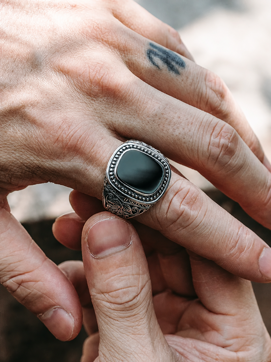 Natural Black Onyx Sterling Silver Biker Ring - product view 4