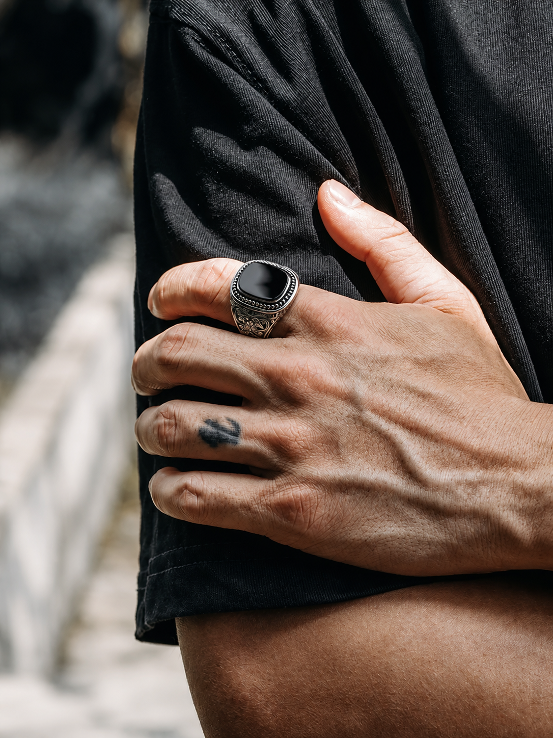 Natural Black Onyx Sterling Silver Biker Ring - product view 5