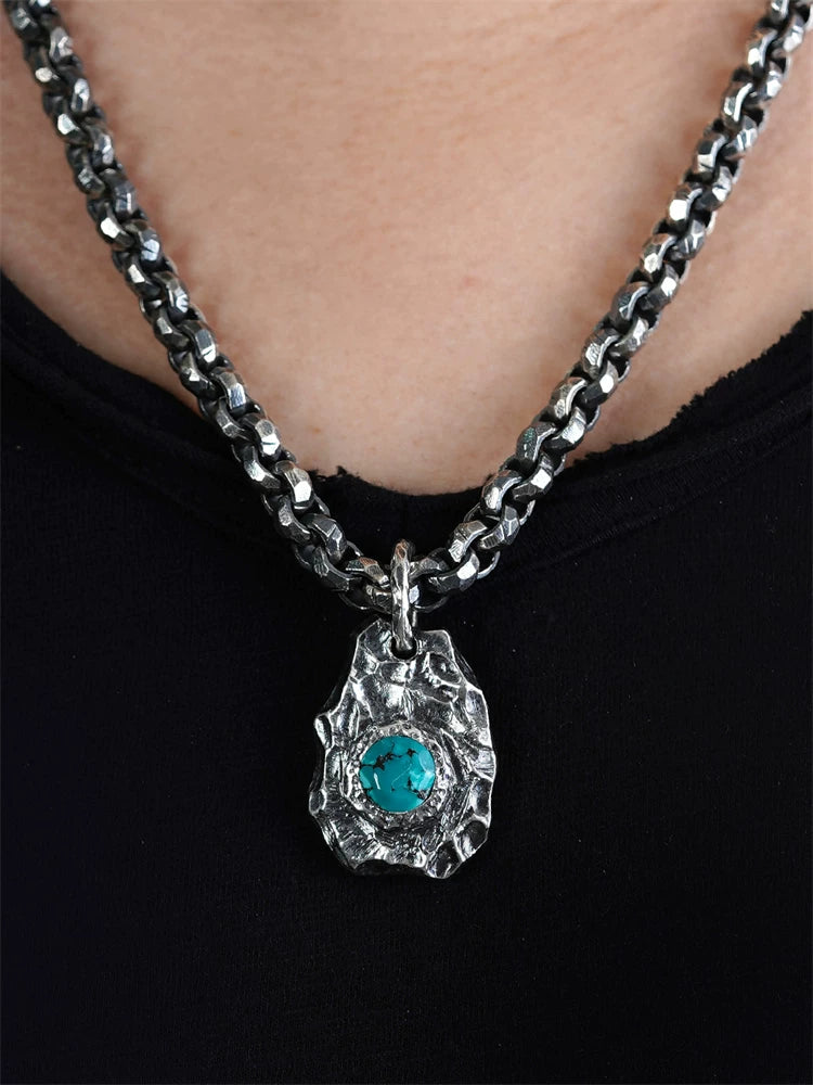 Natural turquoise rock sterling silver pendant worn on chain