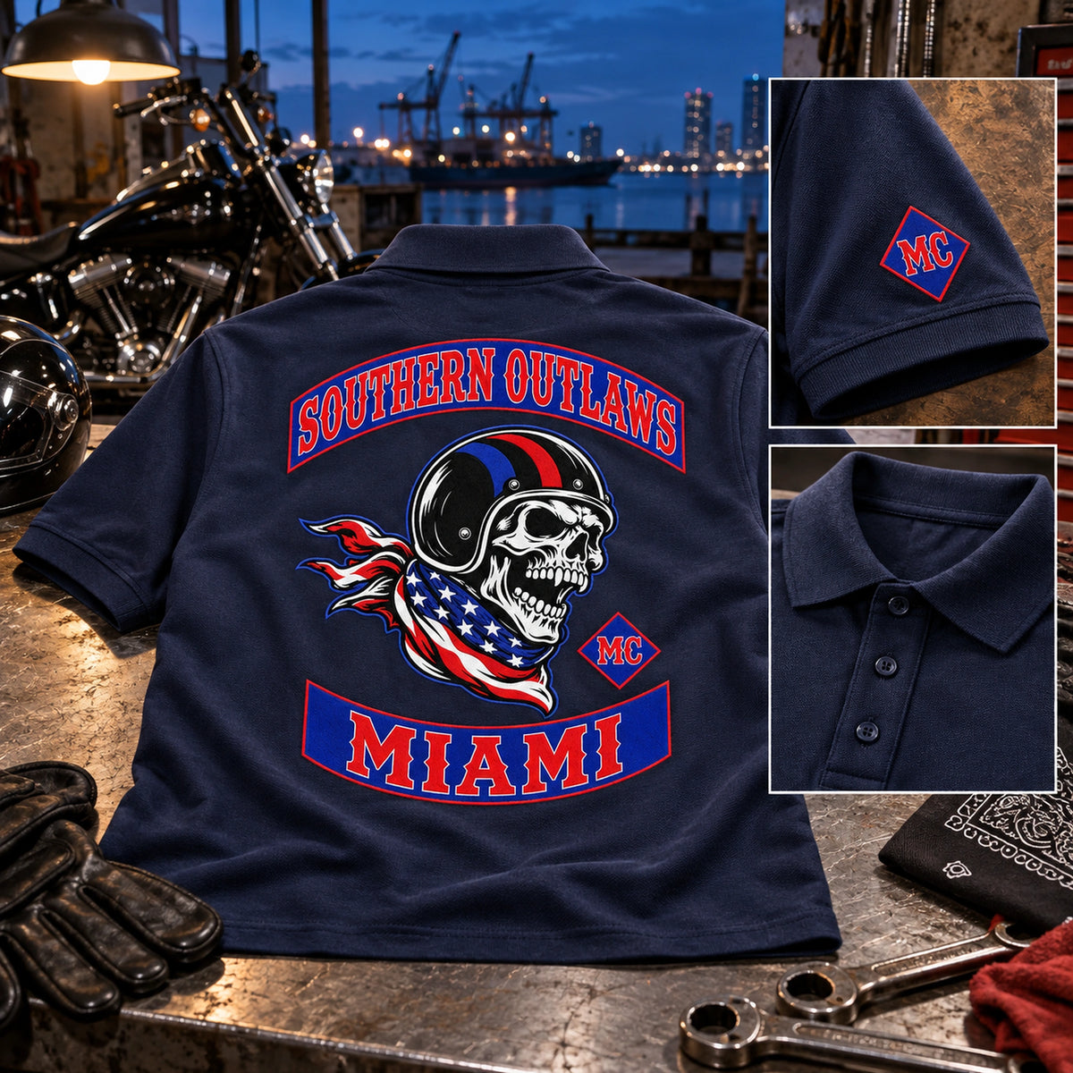 Navy Southern Outlaws Miami motorcycle club polo samples show a large back logo, turned sleeve embroidery and structured placket at blue hour.