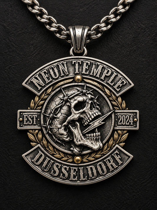 Single Neon Temple Dusseldorf motorcycle club history pendant with a complete chain, sculpted laurel frame and integrated EST 2024 founding-year plaques.