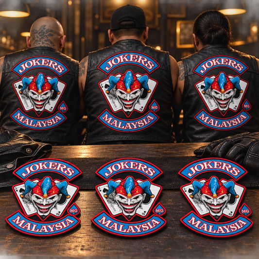Matching solid patches prepared for new members shown for a custom motorcycle club patch system in chapter distribution table.