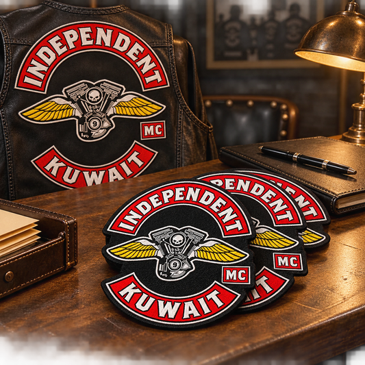 Small run of matching prospect patches shown for a custom motorcycle club patch system in club secretary desk.