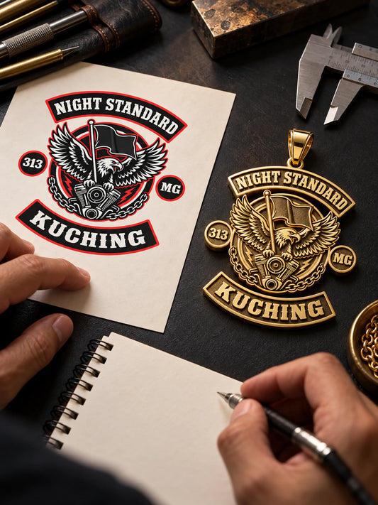 Night Standard club artwork being reviewed as the first step of a custom gold-plated pendant project.