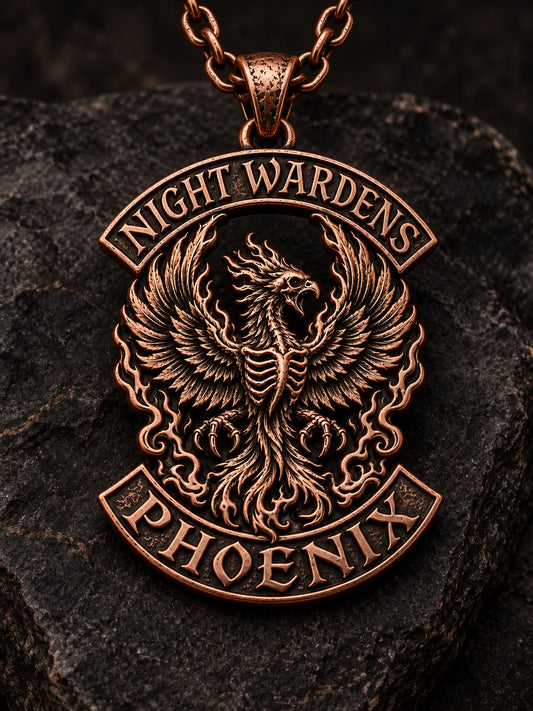 Night Wardens motorcycle club pendant in antique pure copper with a short chain.