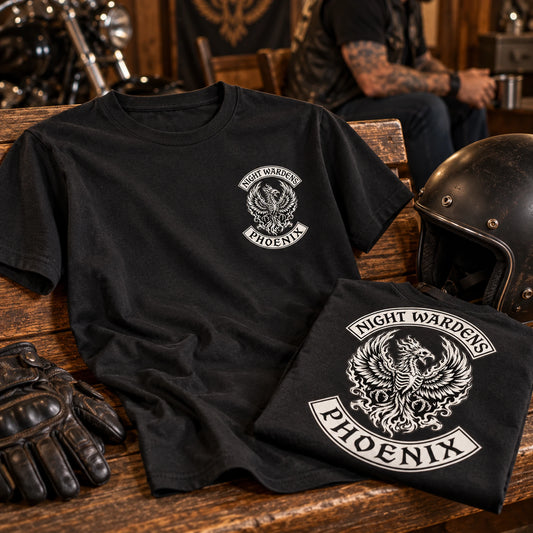 Classic cotton Night Wardens short-sleeve club T-shirts with small chest and full-back logo placements.