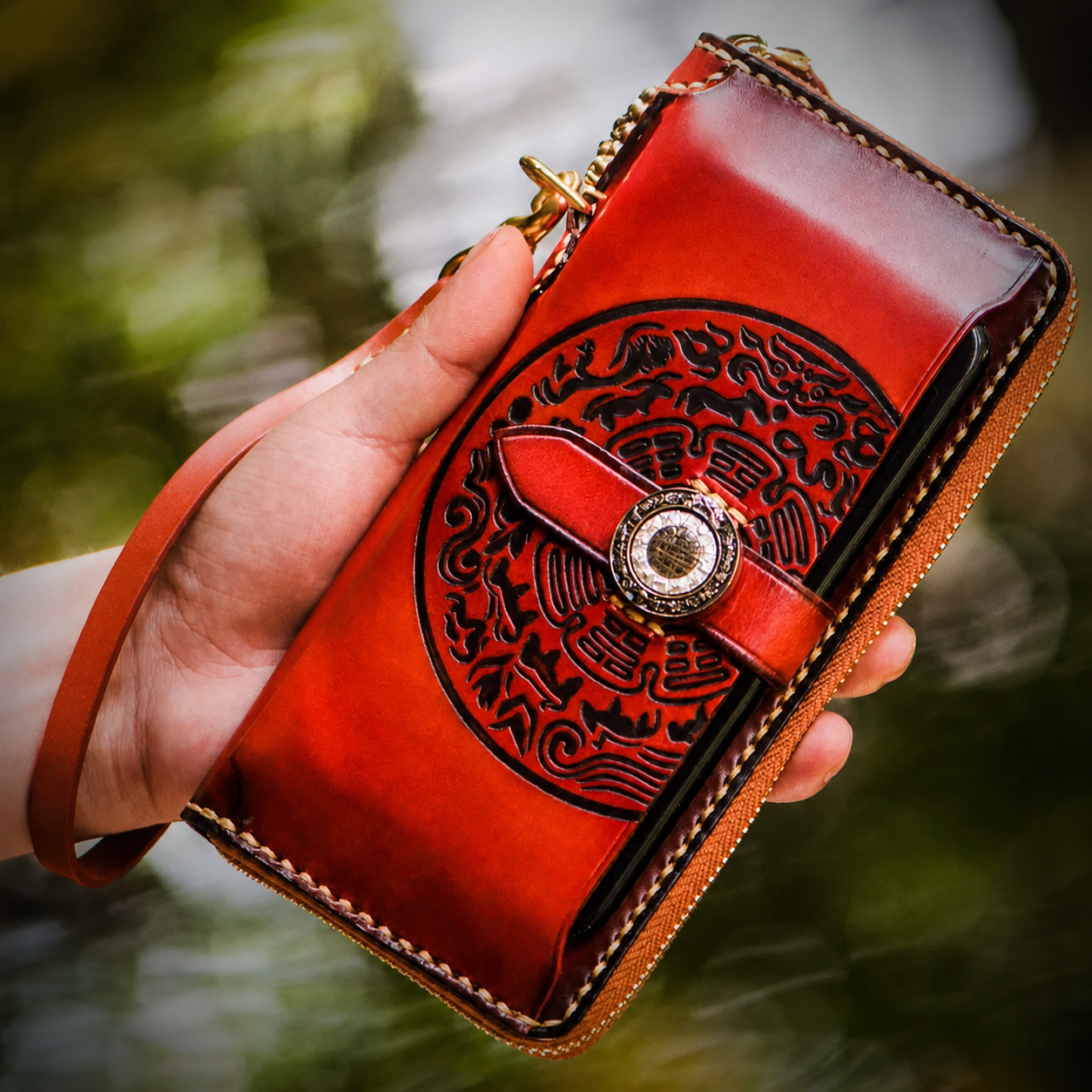 Classic Brown with Wrist Strap leather biker phone wallet