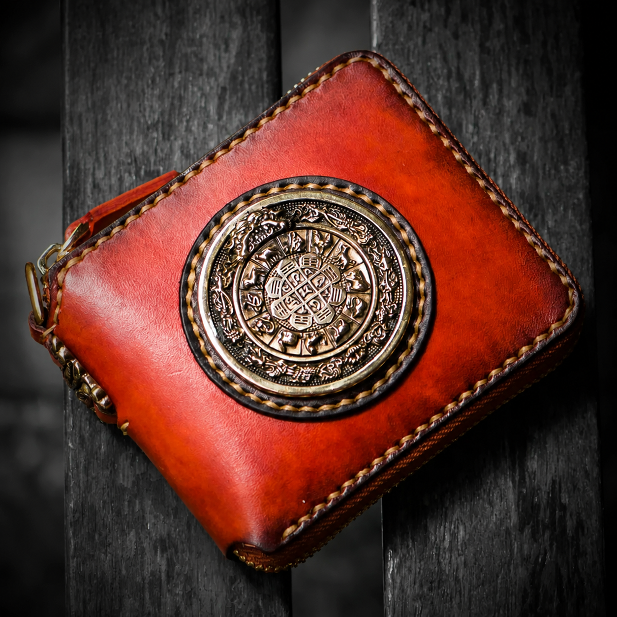 QB0237 Brown with Wrist Strap leather biker phone wallet