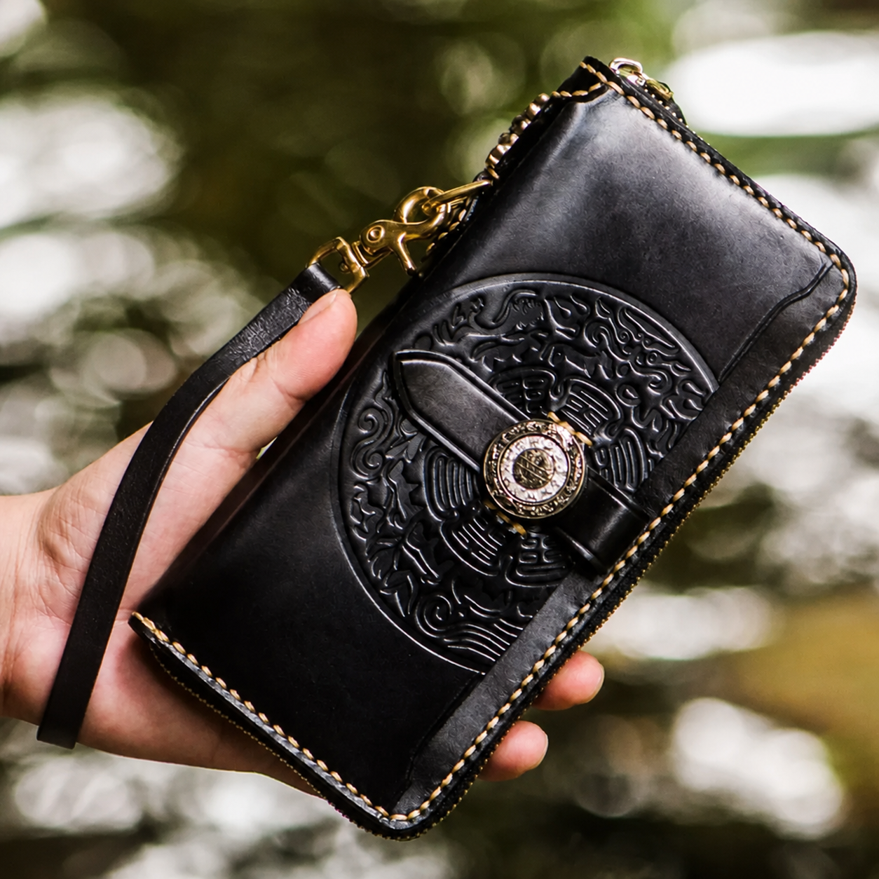 QB0237 Black with Wrist Strap leather biker phone wallet