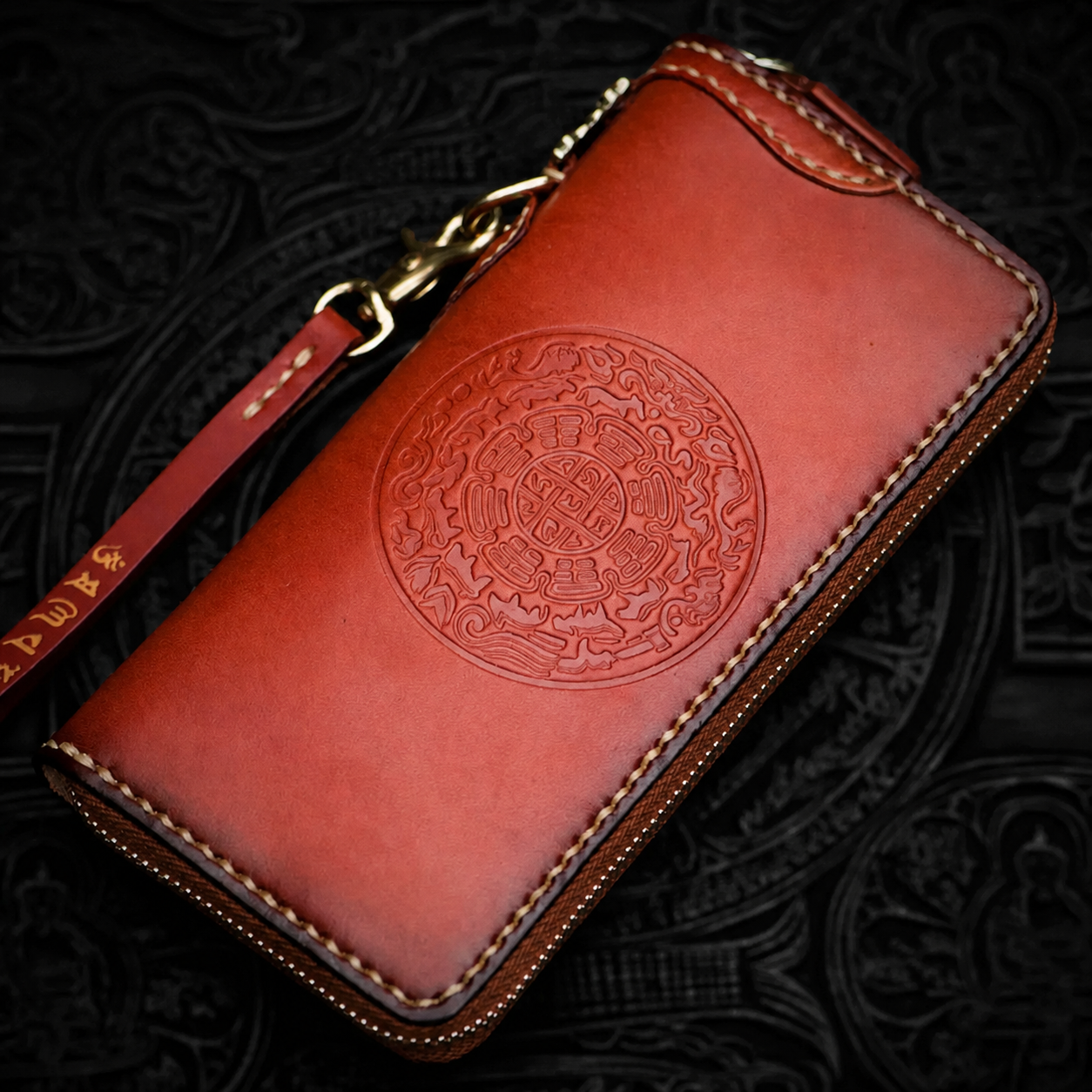 brown full-grain leather biker long wallet with nine-palace embossing and wrist strap