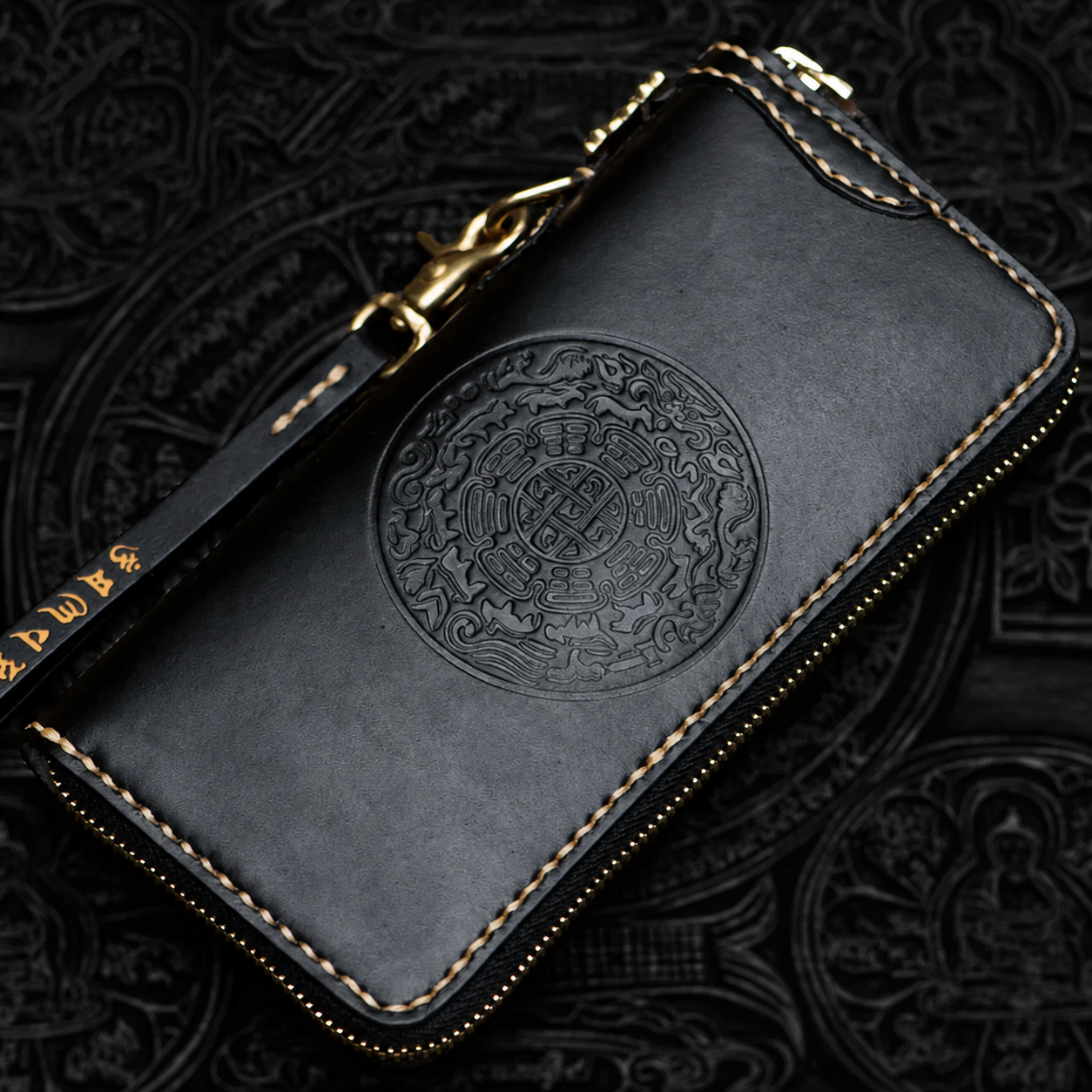black full-grain leather biker long wallet with nine-palace embossing and wrist strap