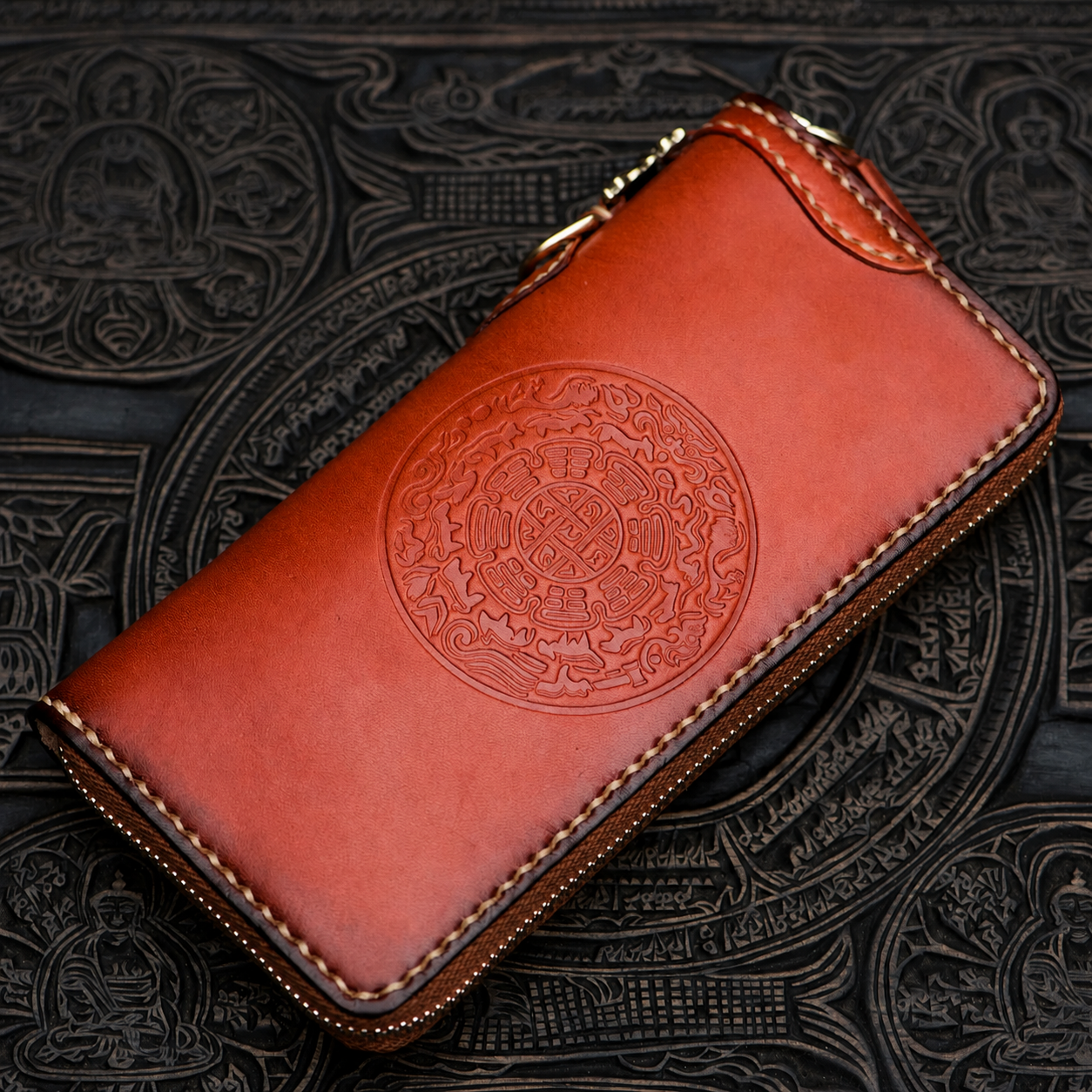 brown nine-palace full-grain leather biker long wallet without wrist strap